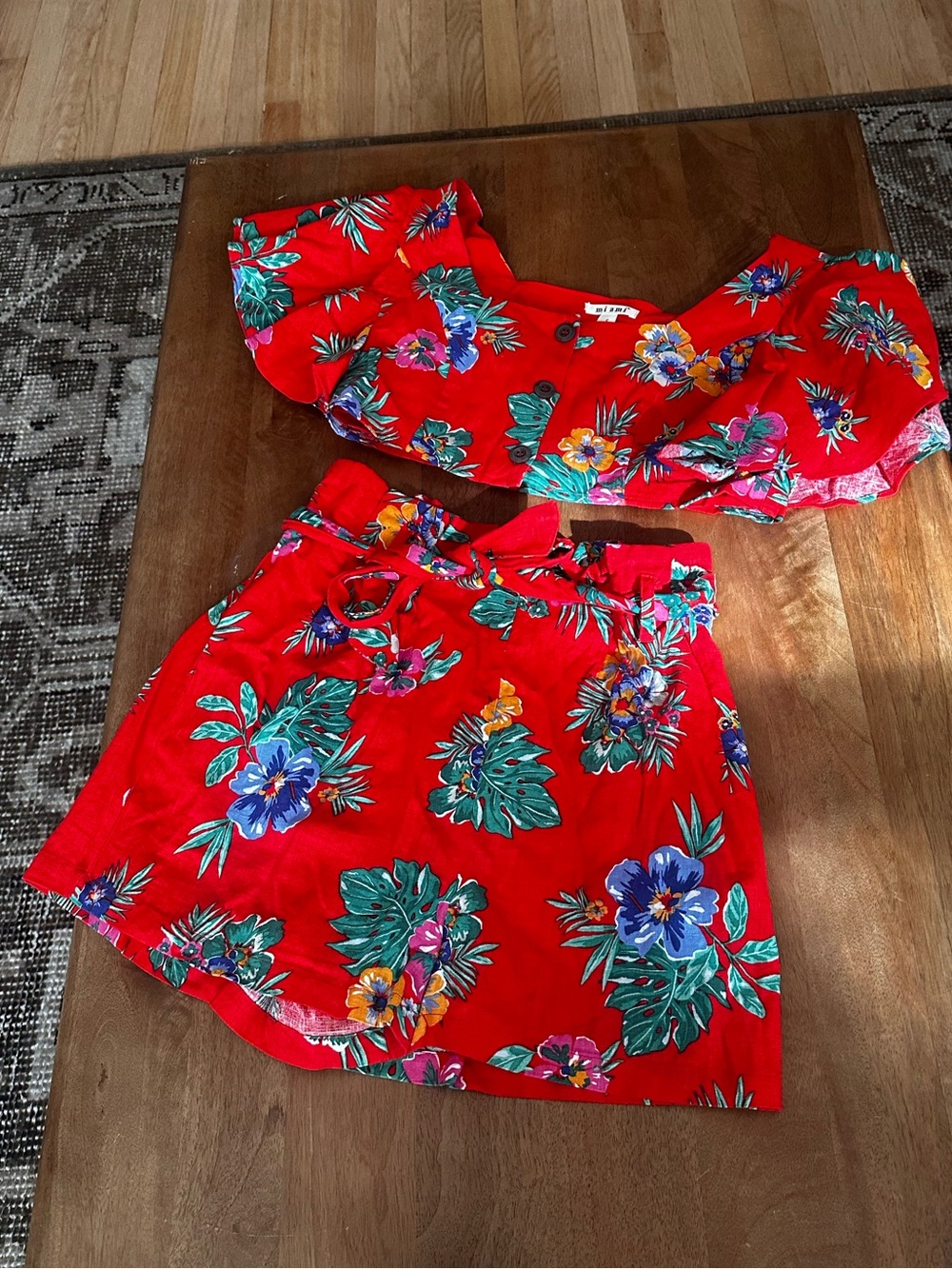 miami Linen Red Tropical Floral Button-Up Set